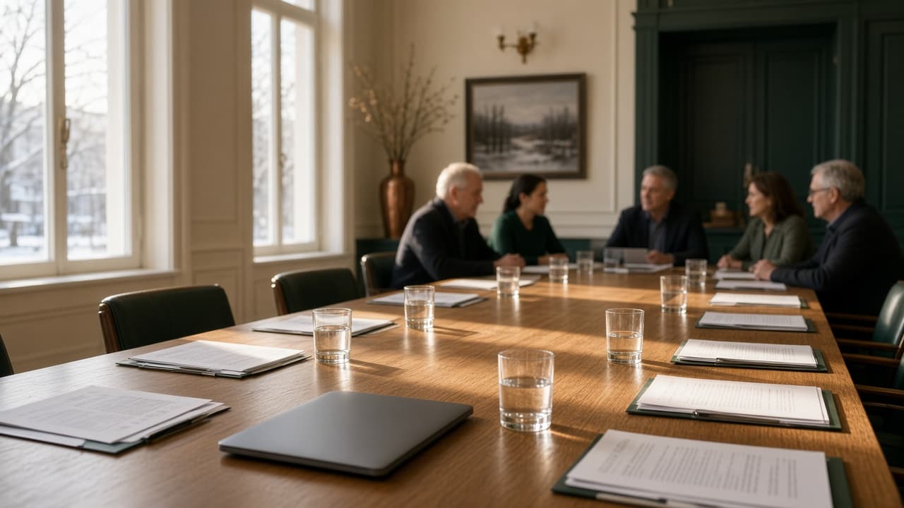 Salle d’assemblée, table de bois et lumière d’hiver.